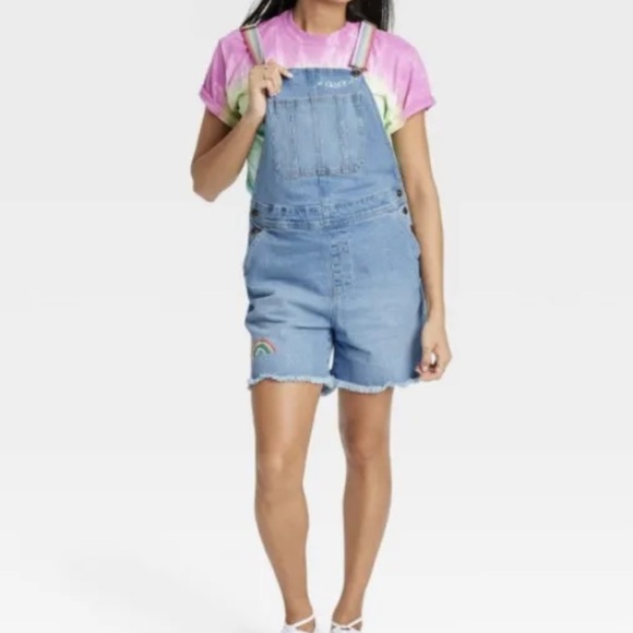 GAY PRIDE PARADE GENDER ADULT RAINBOW Jeans Overall Shortalls Light Wash Denim - Picture 4 of 6